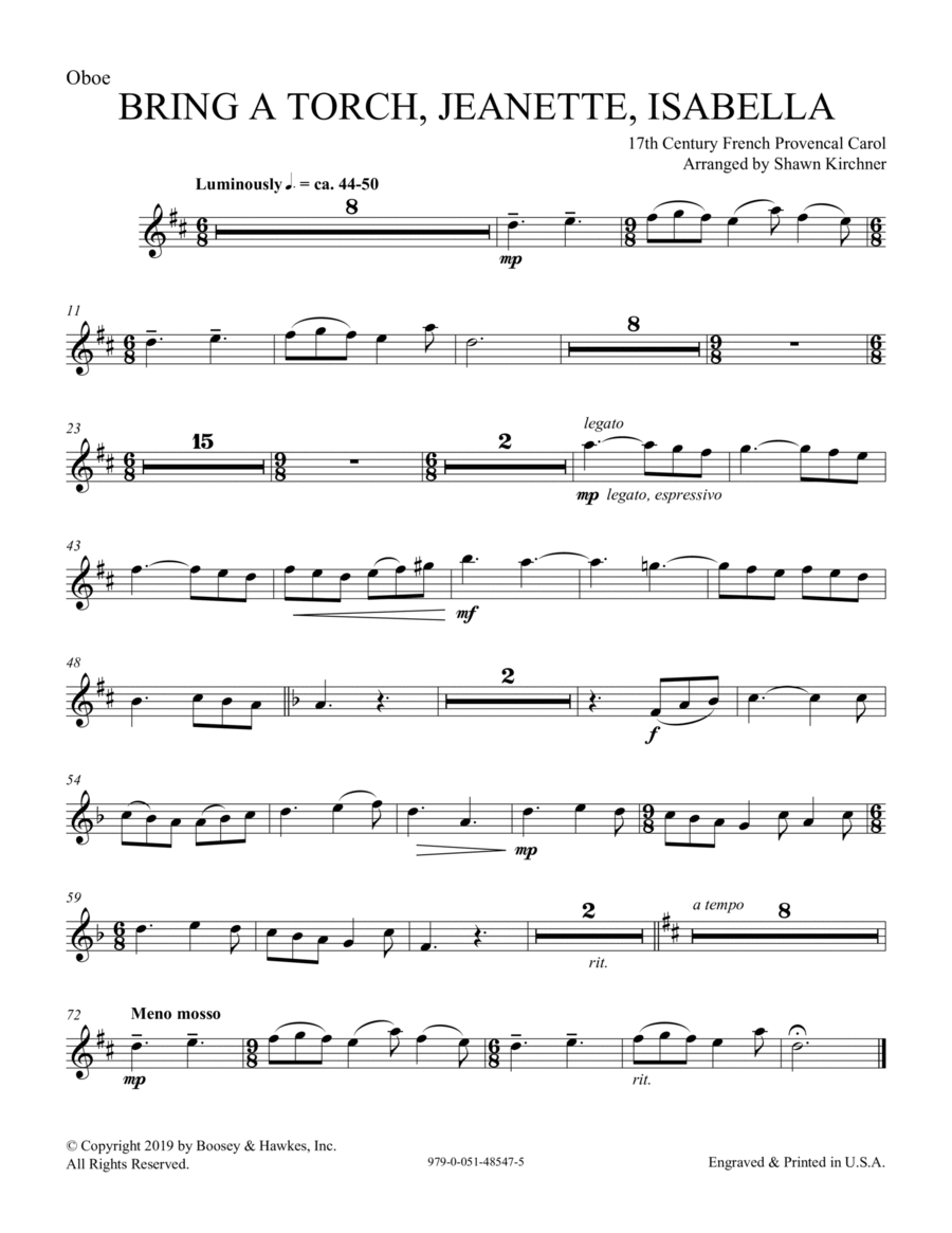 Bring a Torch, Jeanette, Isabella (arr. Shawn Kirchner) - Oboe
