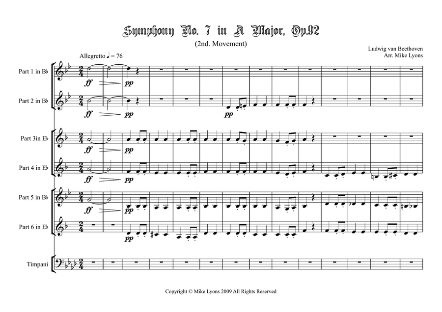 Symphony No. 7, 2nd Movement - Beethoven (Brass sextet w. timpani) Small Ensemble scores gallery preview page 3