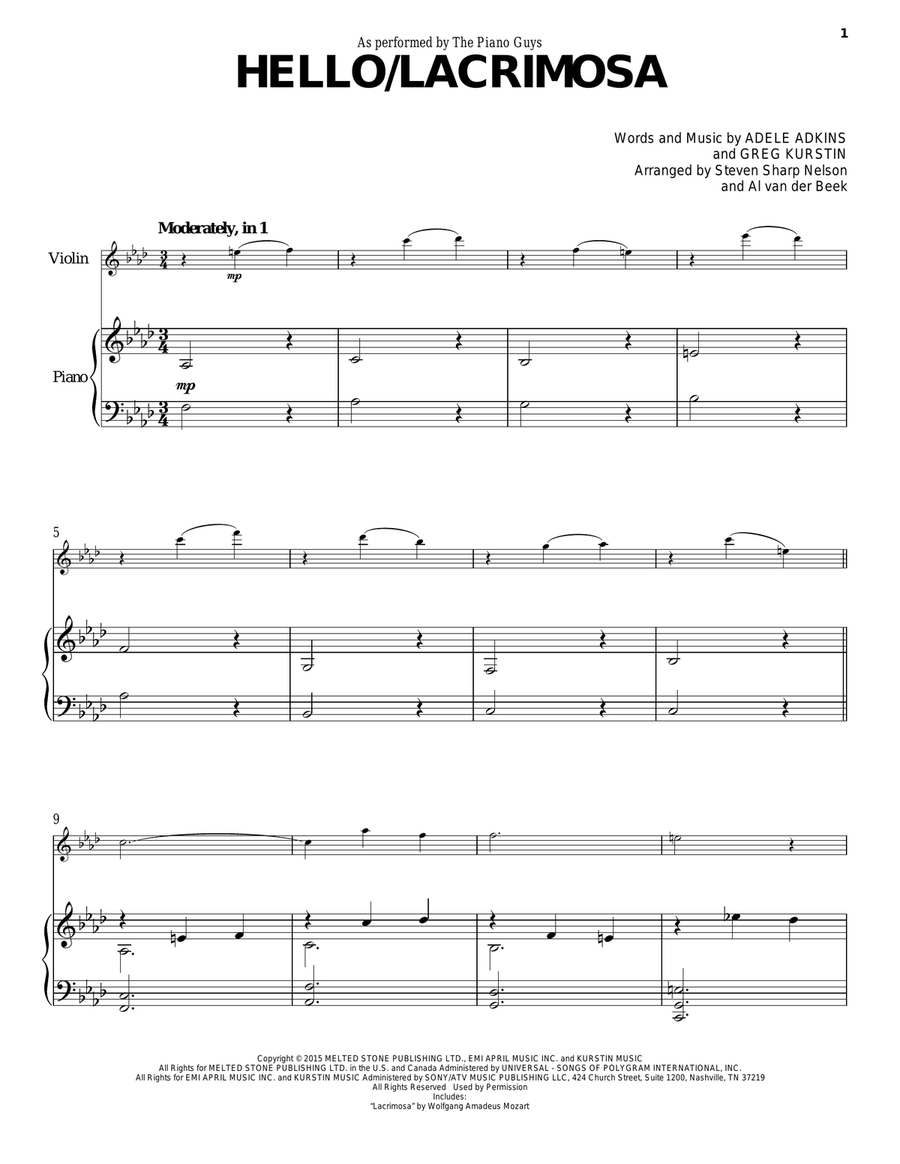 Hello/Lacrimosa Violin Solo scores gallery preview page 1