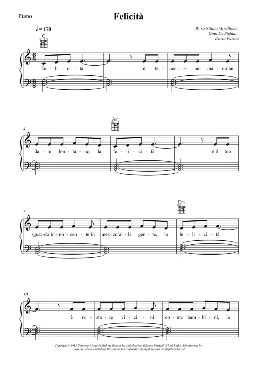 Felicità Piano, Vocal, Guitar scores gallery preview page 1