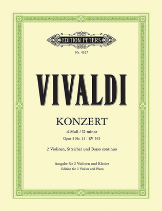 Book cover for Concerto in D minor Op. 3 No. 11 (RV 565) (Edition for 2 Violins and Piano)
