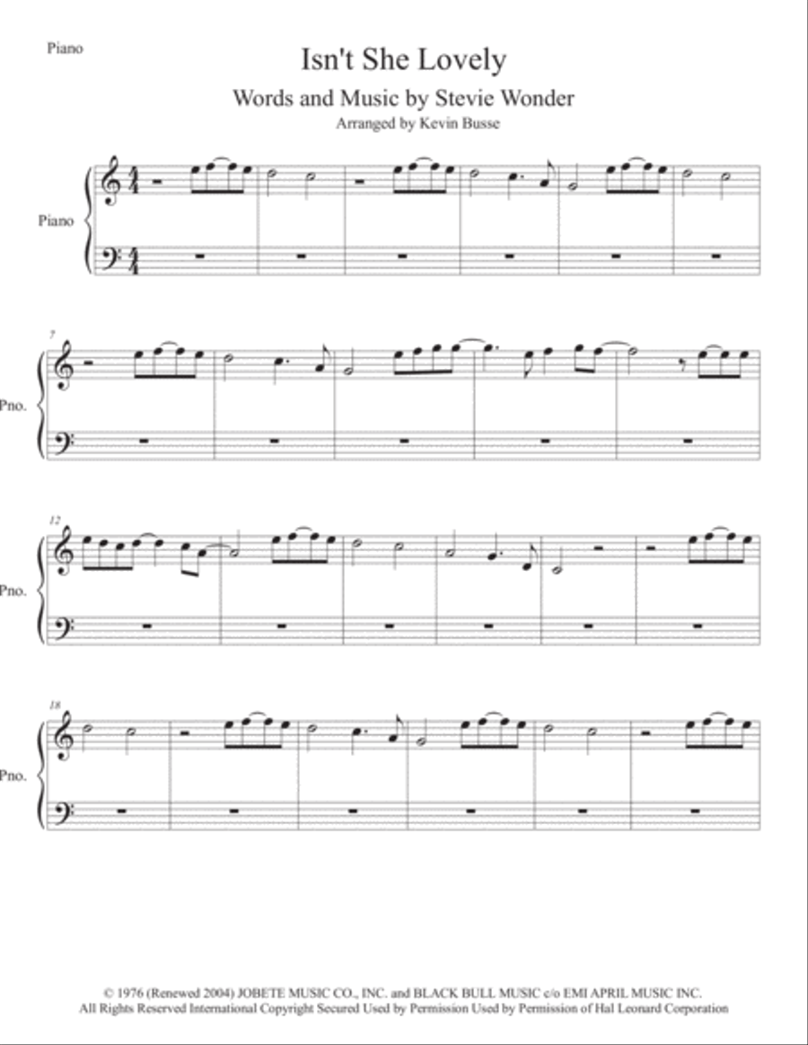 Isn't She Lovely Easy Piano scores gallery preview page 1