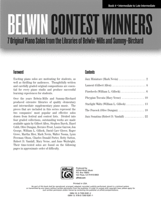 Book cover for Belwin Contest Winners, Book 4: 7 Original Piano Solos from the Libraries of Belwin-Mills and Summy-Birchard