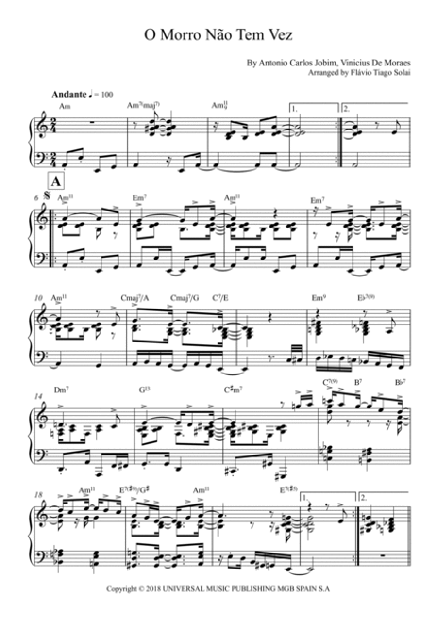 O Morro Nao Tem Vez (favela) (somewhere In The Hills) Piano Solo scores gallery preview page 2