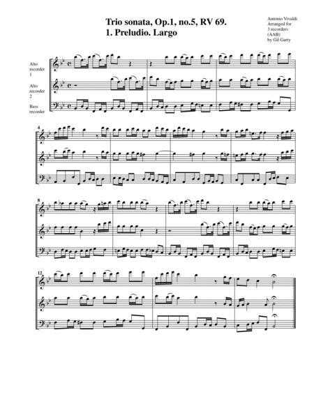 Trio sonata Op.1, no.5 RV 69 (Arrangement for 3 recorders (AAB))