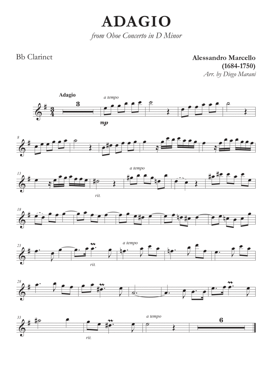 Marcello's Adagio for Clarinet and Piano B-Flat Clarinet scores gallery preview page 1
