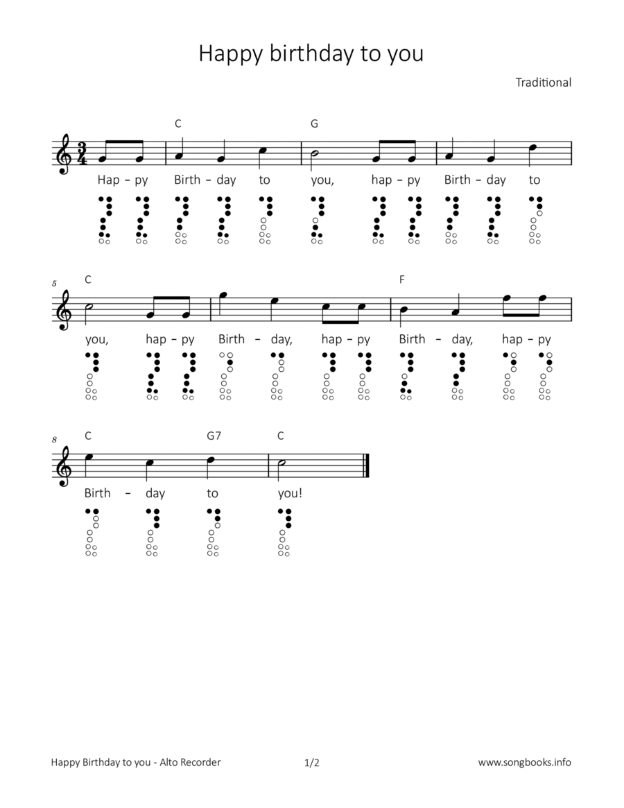 Happy birthday to you Recorder scores gallery preview page 1