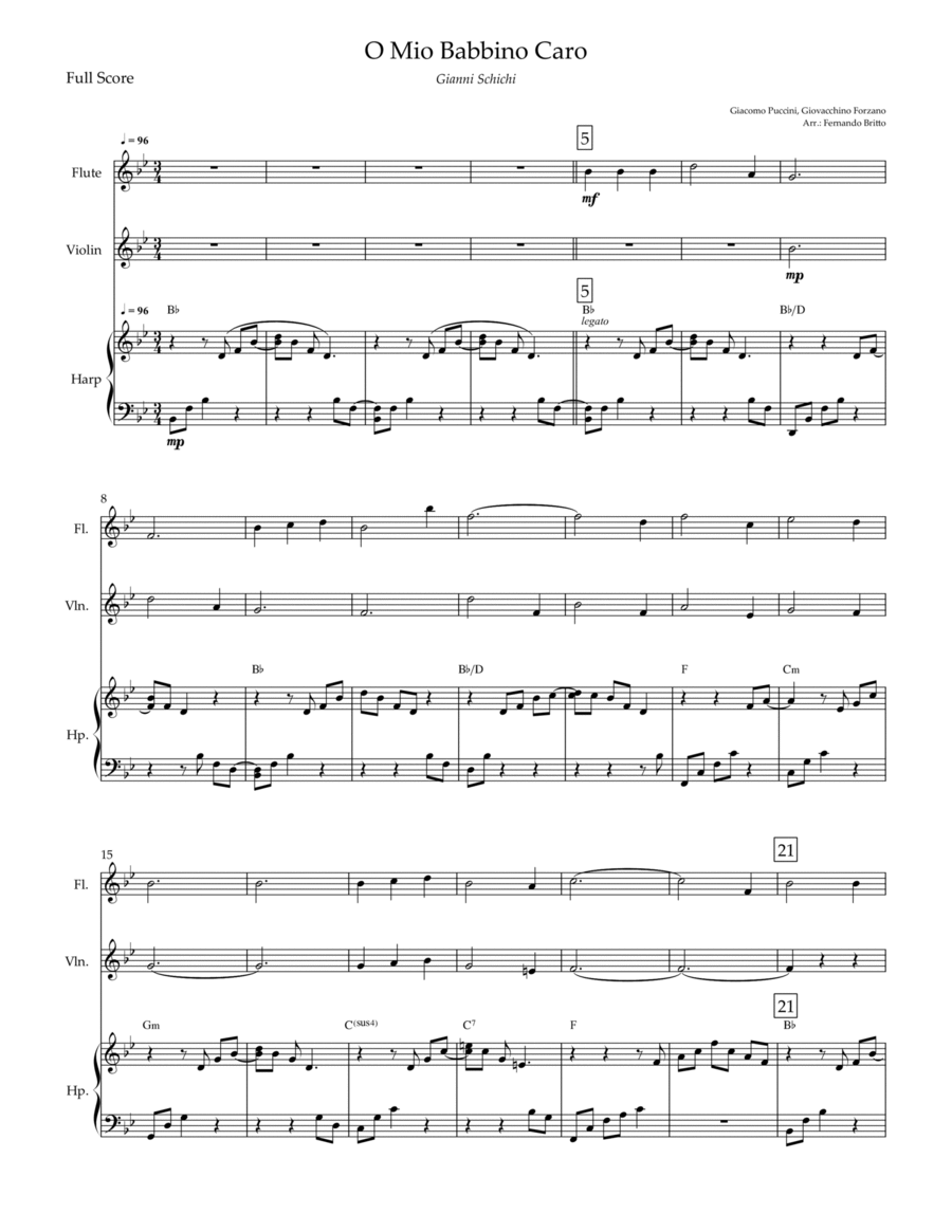 O Mio Babbino Caro (Puccini) for Flute, Violin and Harp with Chords Small Ensemble scores gallery preview page 1