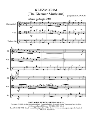 Klezmorim (The Klezmer Musicians) for Clarinet in A, (optional Viola), and Cello