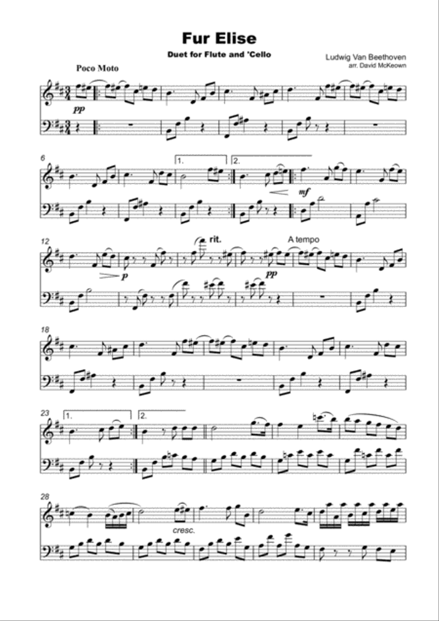 Für Elise, Flute and Cello Duet Flute scores gallery preview page 2