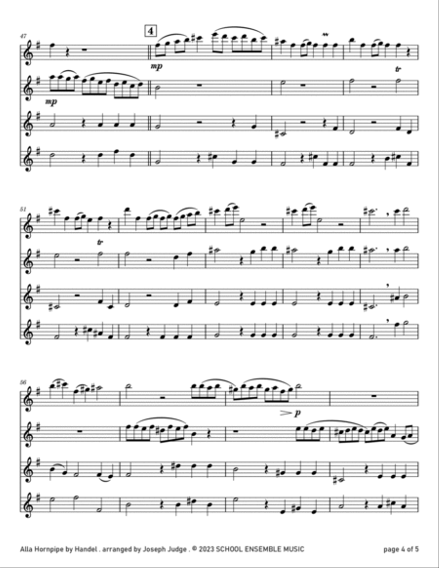 Alla Hornpipe by Handel for Clarinet Quartet in Schools Clarinet Quartet scores gallery preview page 4