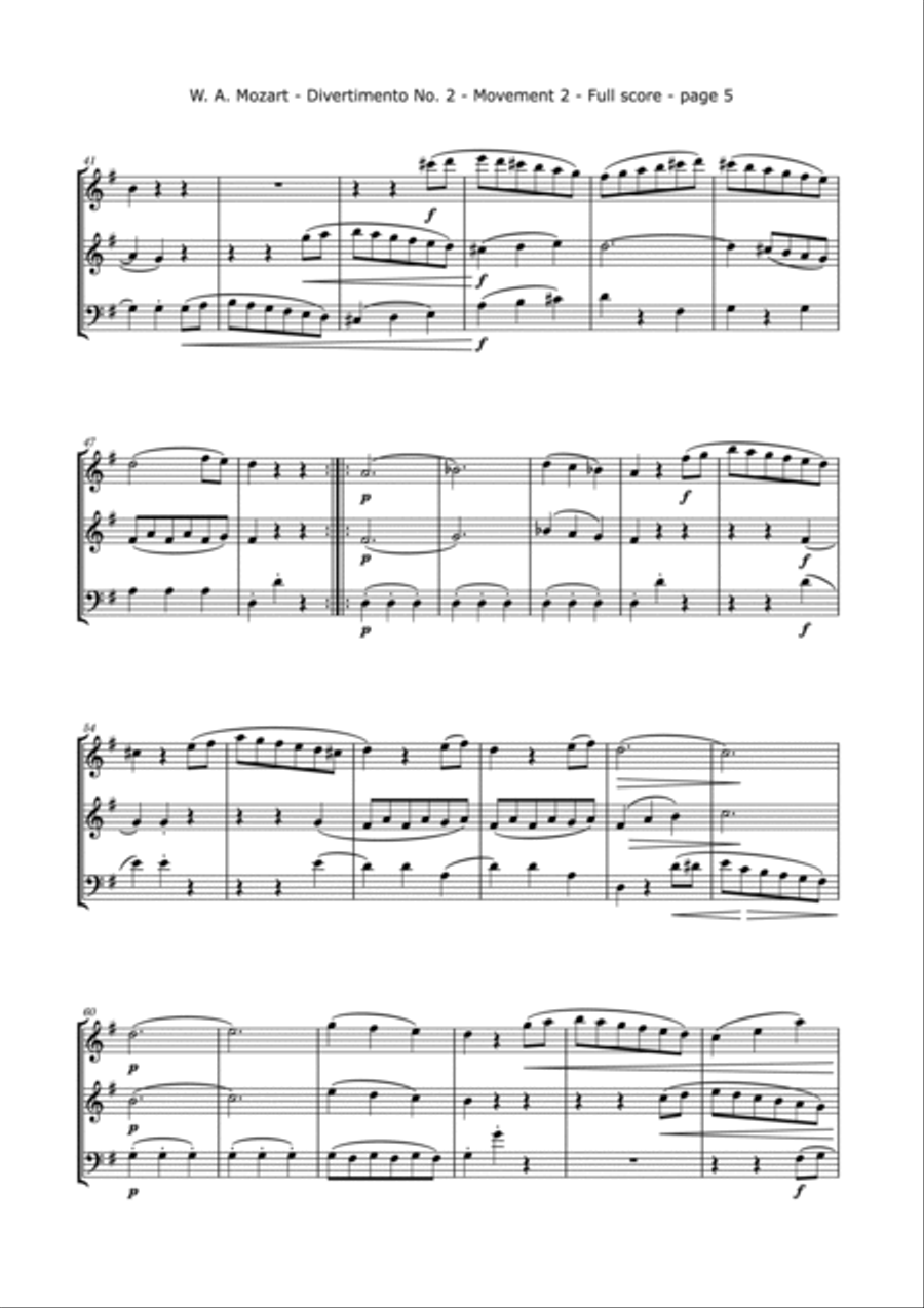 Divertimento No.2, K. 229, Arranged for Two Violins and Cello String Trio scores gallery preview page 6