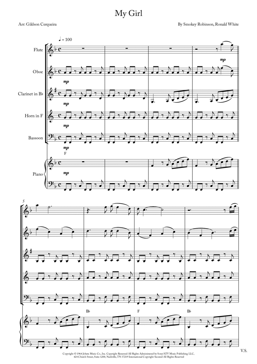 My Girl Woodwind Quintet scores gallery preview page 1