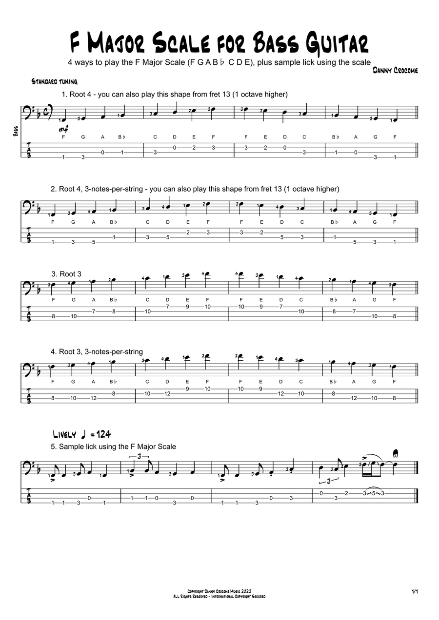 F Major Scale for Bass Guitar (4 Ways to Play) Acoustic Guitar scores gallery preview page 1