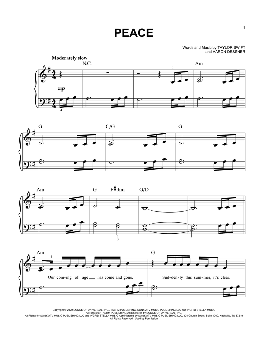 peace by Taylor Swift Easy Piano - Digital Sheet Music