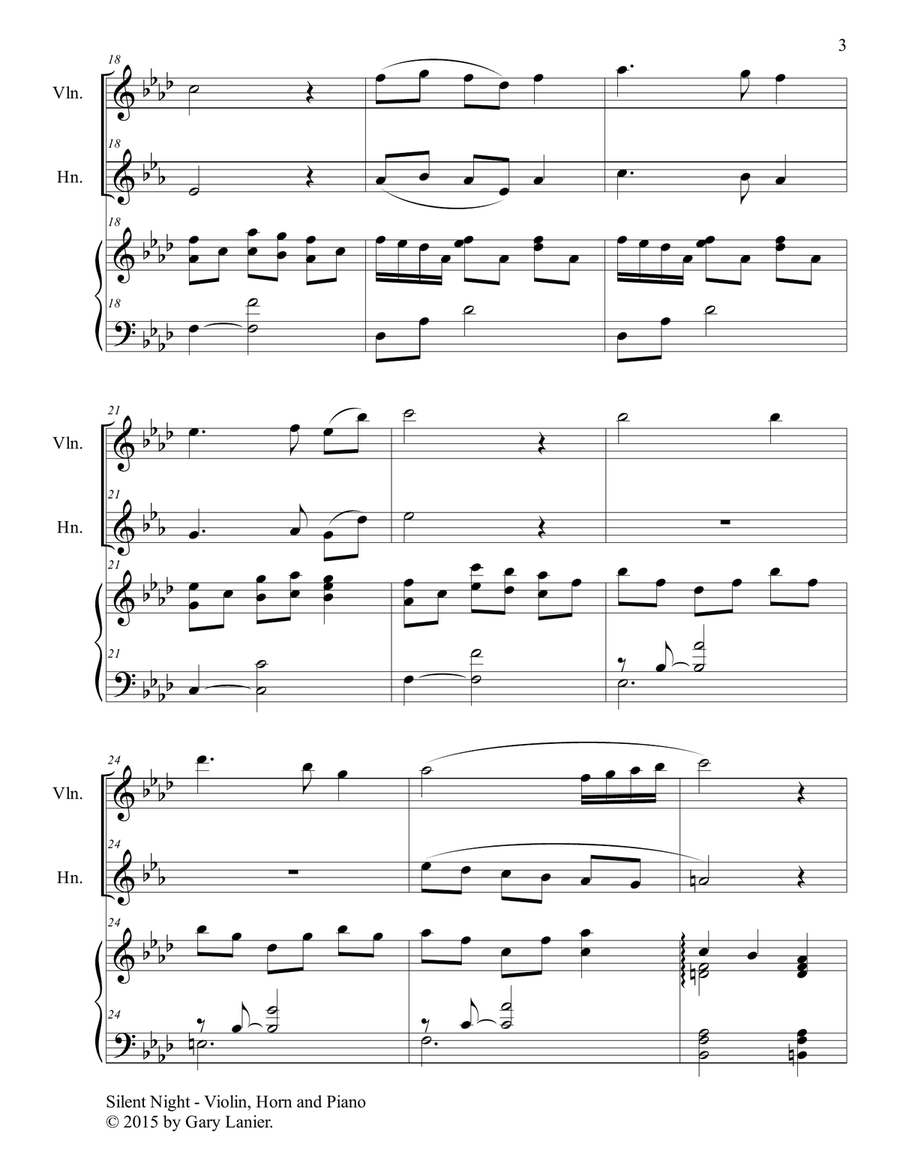 Gary Lanier: SILENT NIGHT (Trio – Violin, Horn in F & Piano with Score & Parts) Small Ensemble scores gallery preview page 4