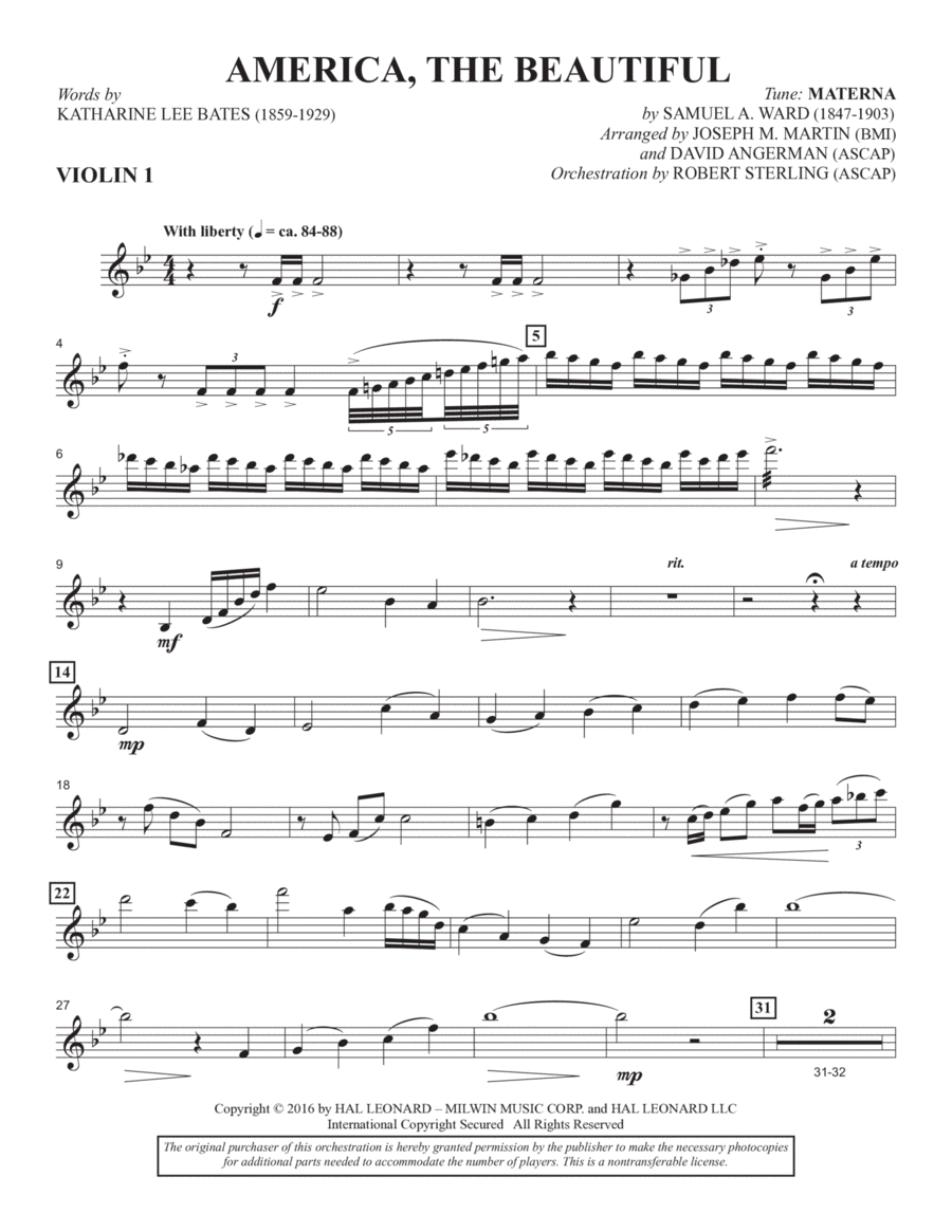 America, the Beautiful - Violin 1 Choir scores gallery preview page 1