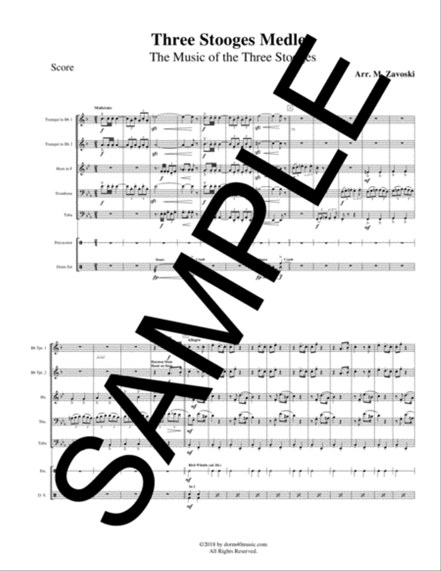 Three Stooges Medley for Brass Quintet and Optional Percussion Brass Ensemble scores gallery preview page 1