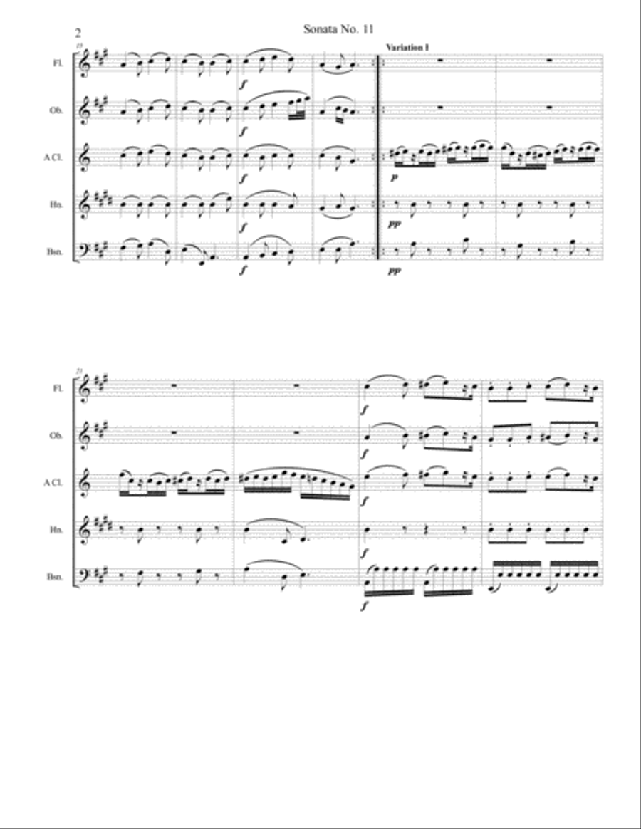 Piano Sonata No 11 (Alla Turca) Movement 1, Theme and Variations Woodwind Quintet scores gallery preview page 2