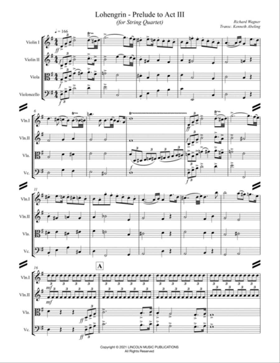 Lohengrin – Prelude to Act III (for String Quartet) String Quartet scores gallery preview page 2
