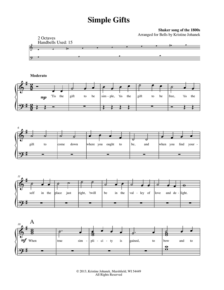 Simple Gifts (2-Octaves Handbell, Hand Chimes or Tone Chimes) 2-Octaves scores gallery preview page 2