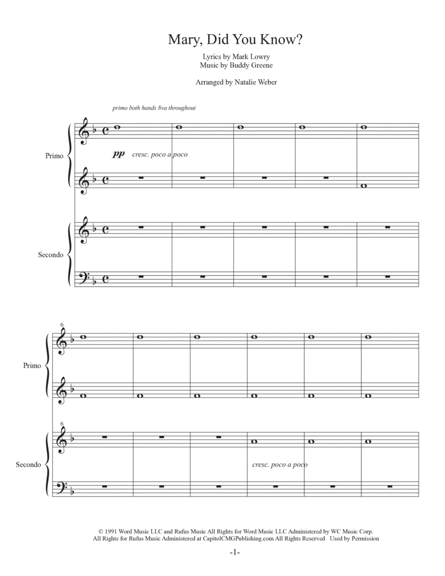 Mary, Did You Know? 1 Piano, 4-Hands scores gallery preview page 1