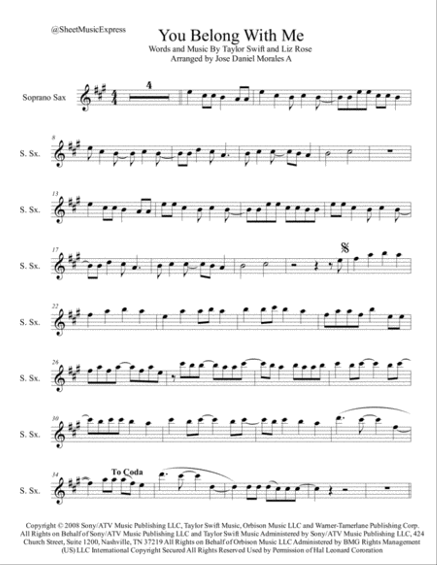 You Belong With Me Soprano Saxophone scores gallery preview page 1