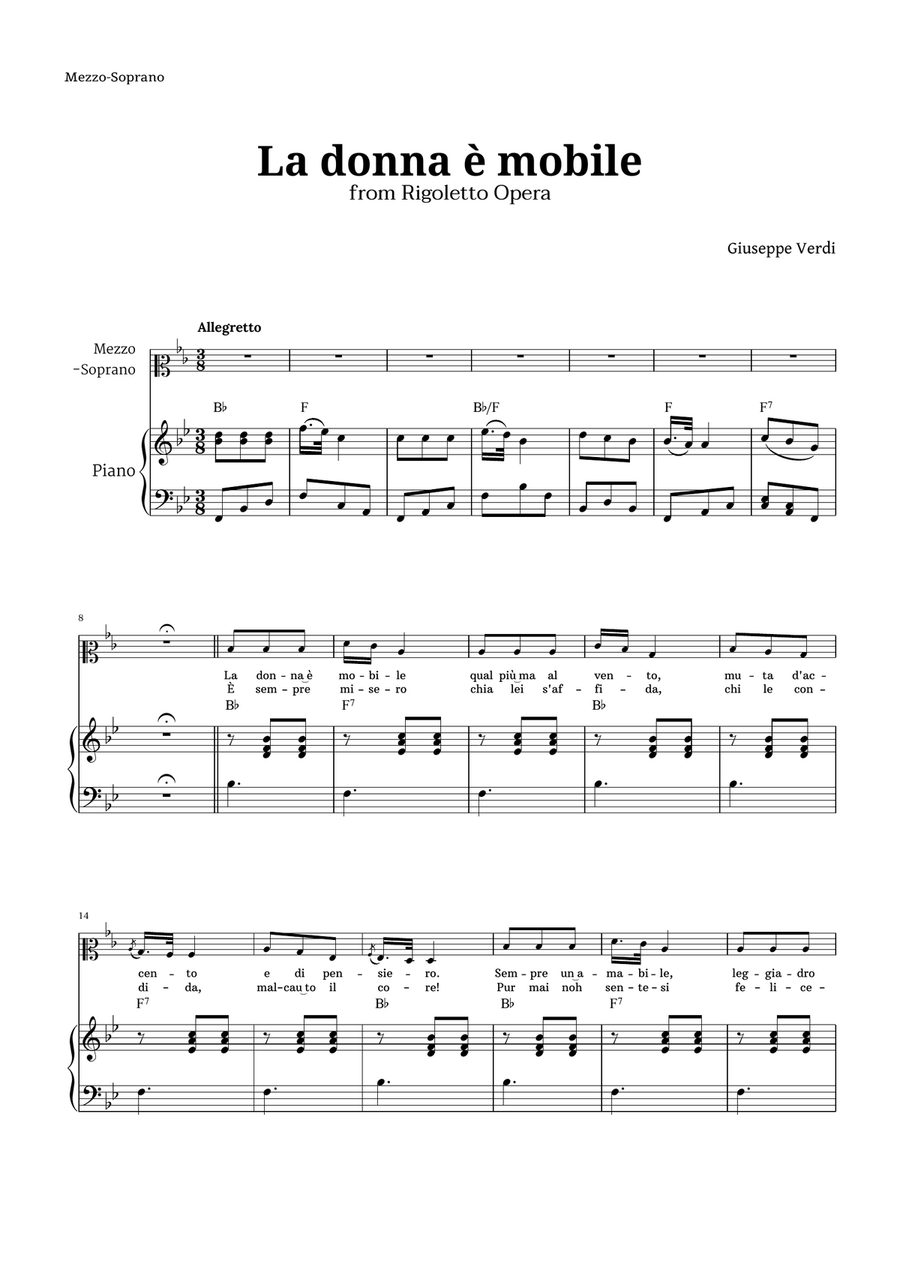 La donna è mobile in B-flat major for Mezzo Soprano and Piano Piano, Vocal scores gallery preview page 1