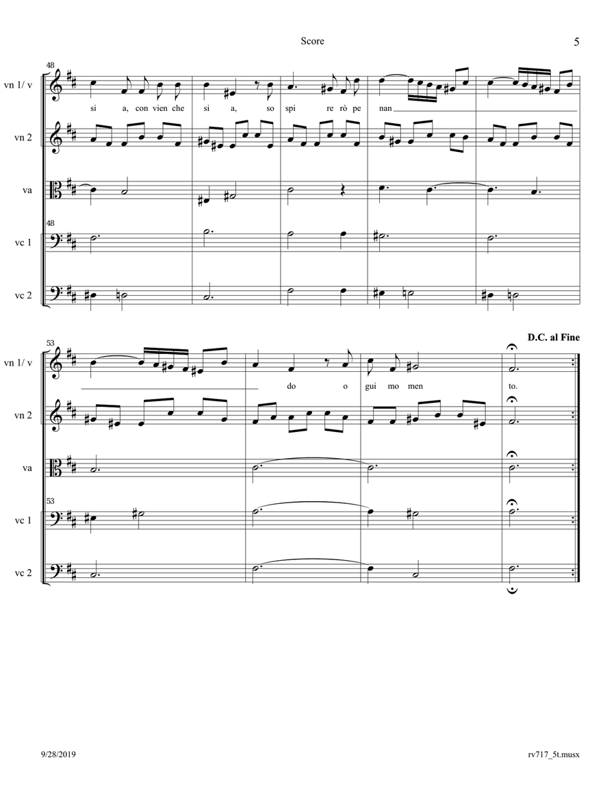 Vivaldi: Aria - 'Vedrò con mio diletto' from Il Giustino RV 717 Arr. for 2-Cellos Quintet or Voice Small Ensemble scores gallery preview page 5