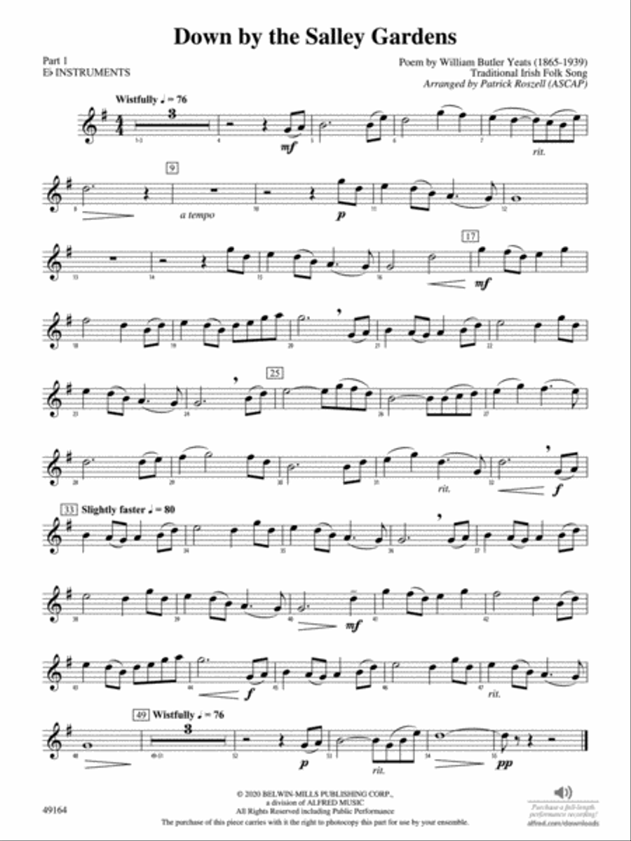 Down by the Salley Gardens: Part 1 - E-flat Instruments Concert Band scores gallery preview page 1