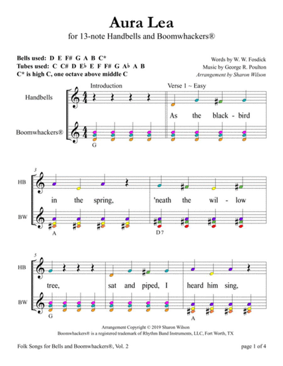“Aura Lea” for 13-note Bells and Boomwhackers® (with Color Coded Notes) image number null