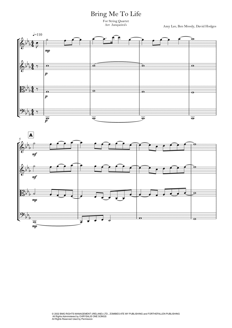 Bring Me To Life String Quartet scores gallery preview page 1