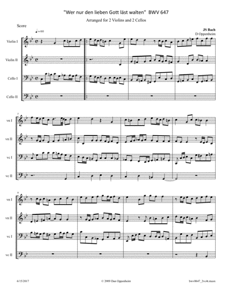 Bach: Wer nur den lieben Gott läst walten" BWV 647 arr. for 2 Violins and 2 Cellos image number null