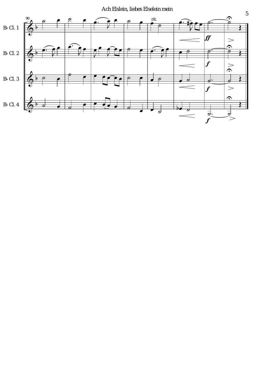 Ach Elslein, liebes Elselein mein for clarinet quartet (4 B flats) Clarinet Quartet scores gallery preview page 5