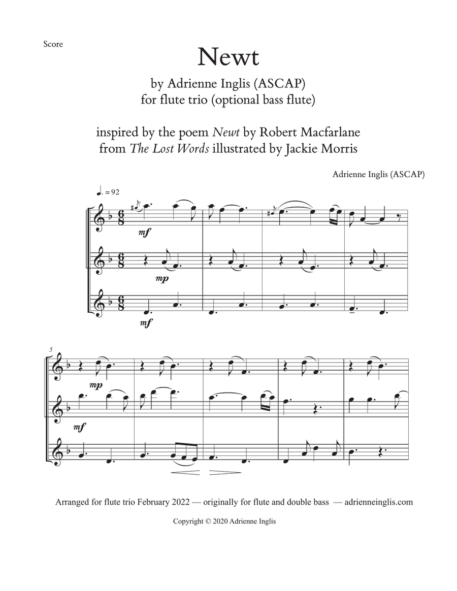 Newt for flute trio (2 C flutes and bass or 3 C flutes) Woodwind Trio scores gallery preview page 1