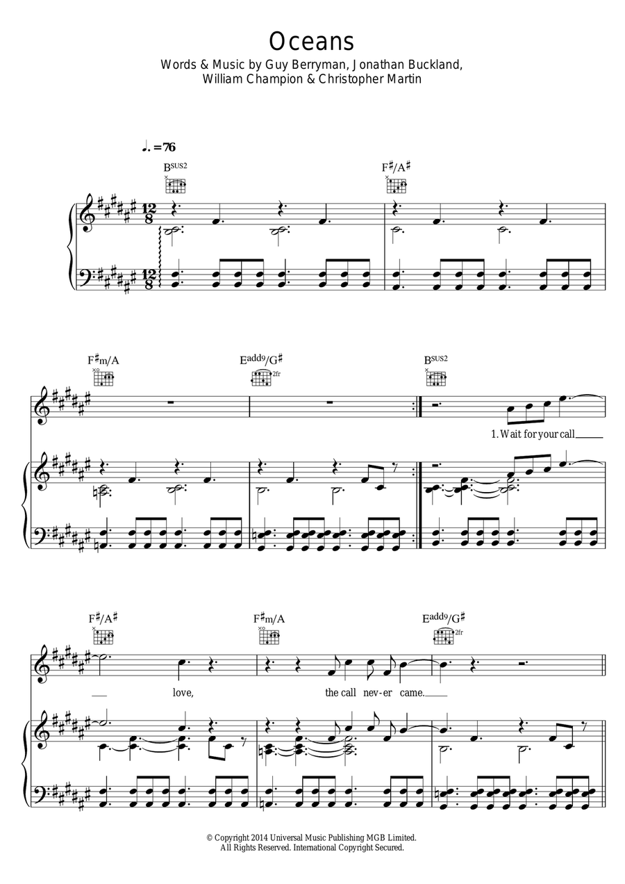 Oceans Piano, Vocal, Guitar scores gallery preview page 1