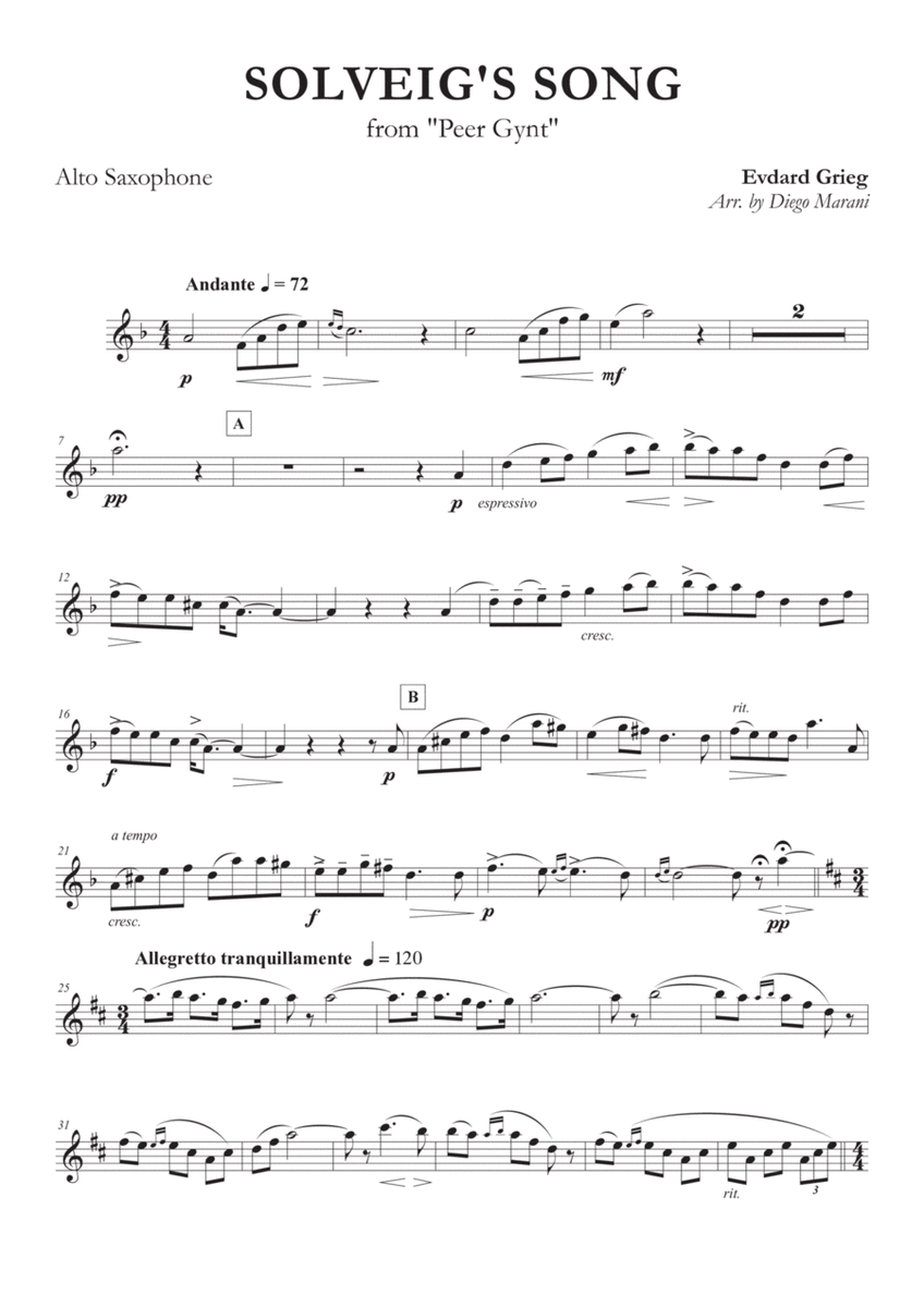 Solveig's Song from "Peer Gynt" for Alto Saxophone and Piano image number null