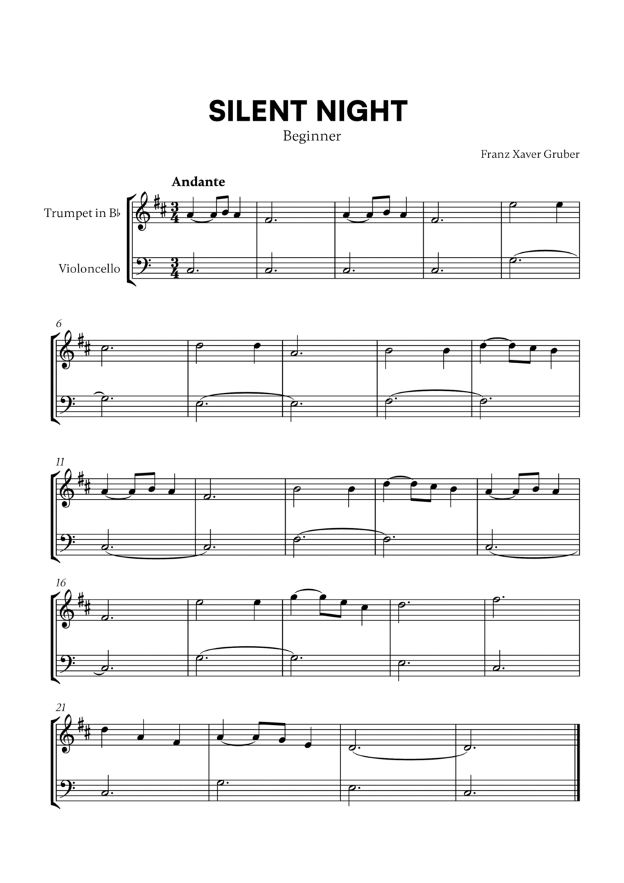 Silent Night (Beginner) (for Trumpet in Bb and Cello) B-Flat Trumpet scores gallery preview page 1