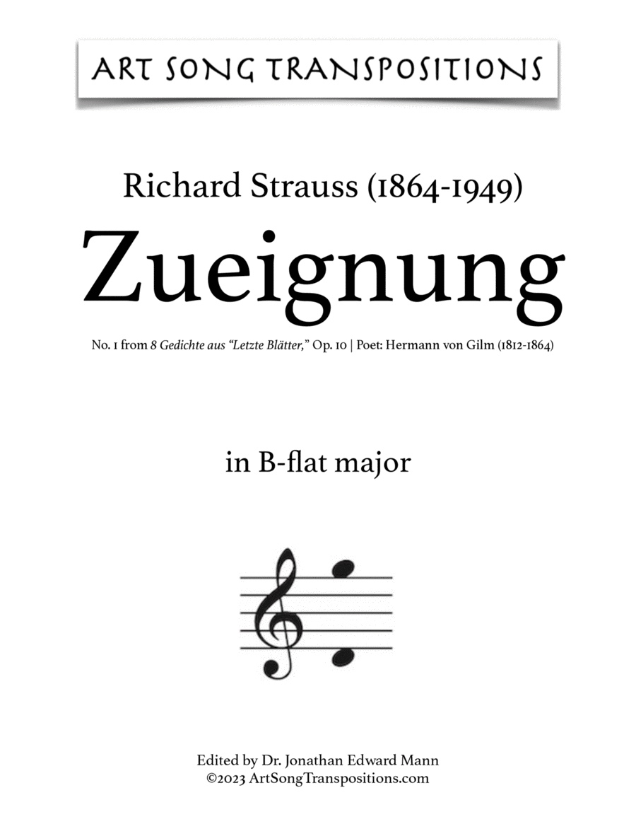 STRAUSS: Zueignung, Op. 10 no. 1 (transposed to B-flat major) Voice scores gallery preview page 1