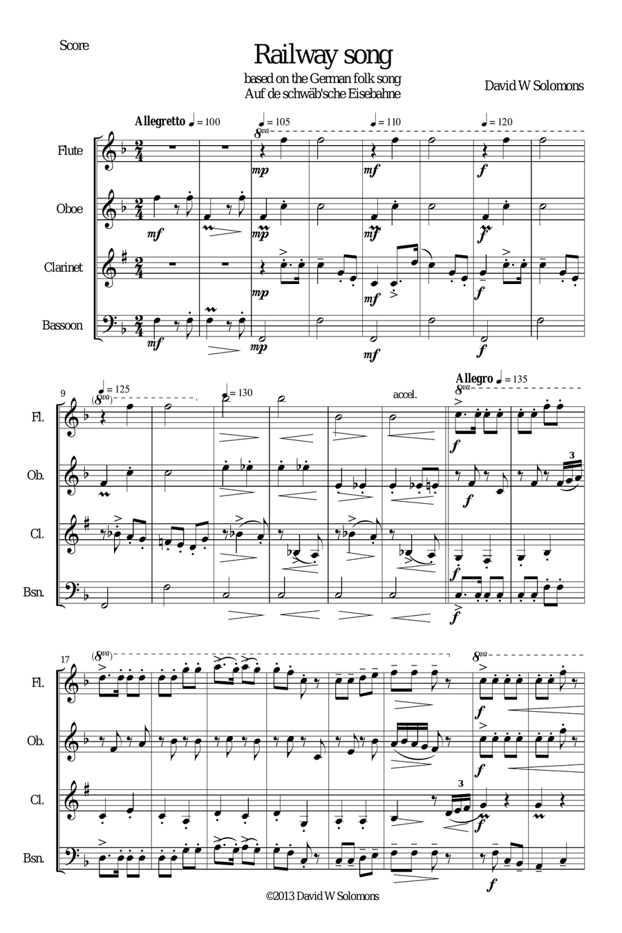 Railway Song (Auf de schwäb'sche Eisebahne) for wind quartet