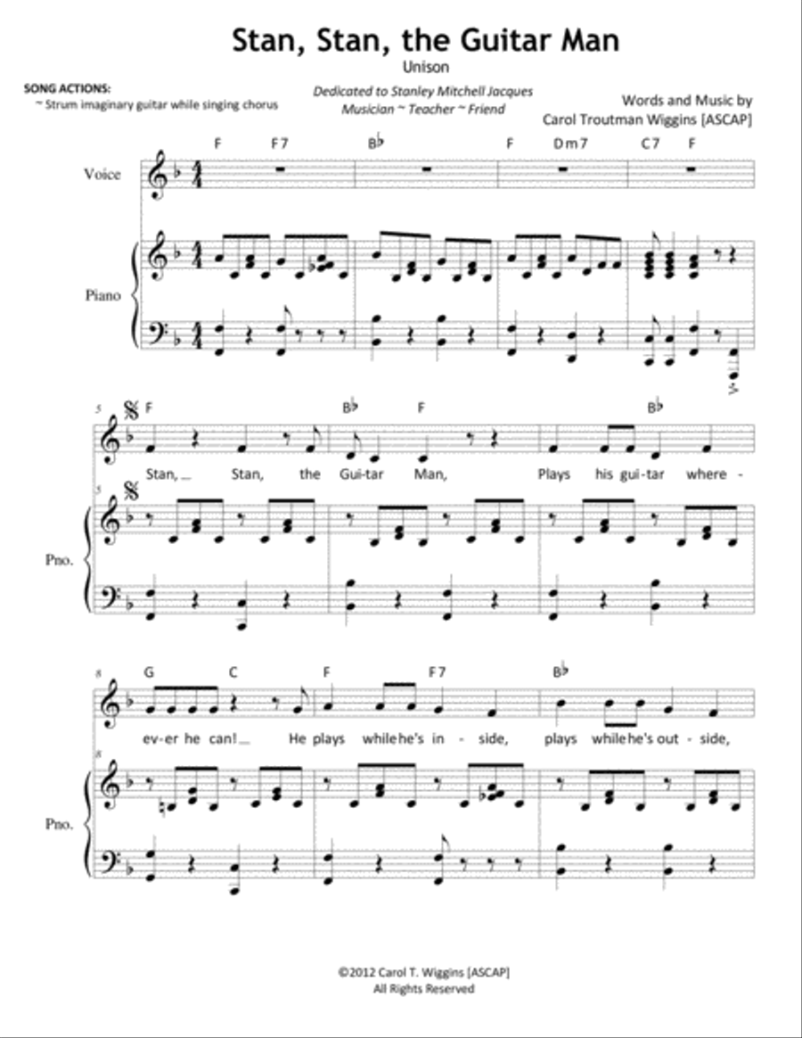 Stan, Stan, the Guitar Man Unison Choir scores gallery preview page 1
