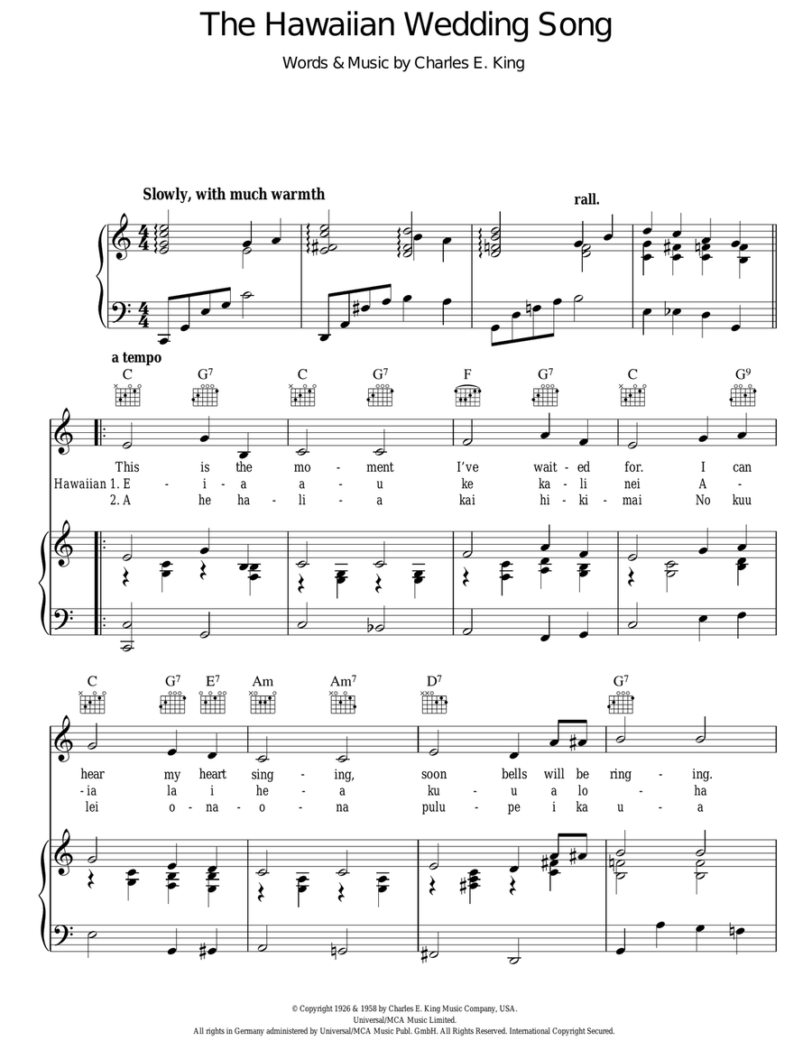 The Hawaiian Wedding Song Piano, Vocal, Guitar scores gallery preview page 1