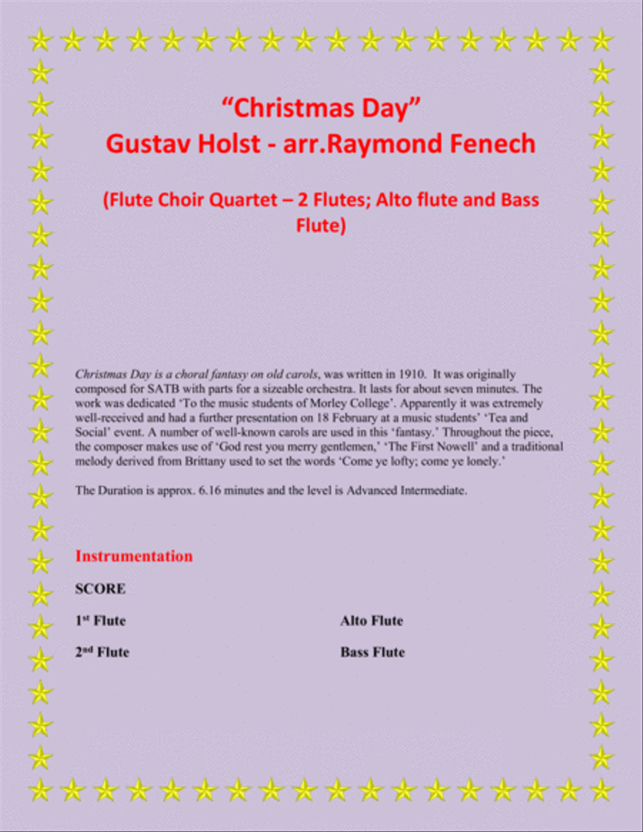 Christmas Day-Gustav Holst-FLUTE CHOIR QUARTET (2 Flutes; Alto Flute and Bass Flute) - Advance Inter Flute Choir scores gallery preview page 2