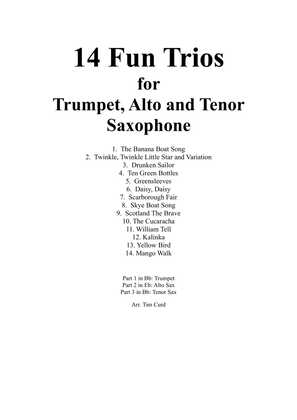 Book cover for 14 Fun Trios For Trumpet, Alto and Tenor Saxophone.