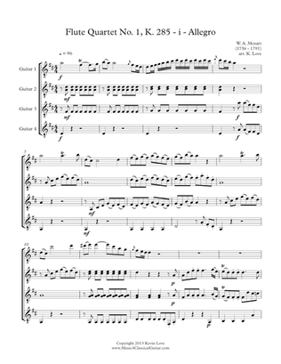 Flute Quartet No. 1, K. 285 - i - Allegro (Guitar Quartet) - Score and Parts