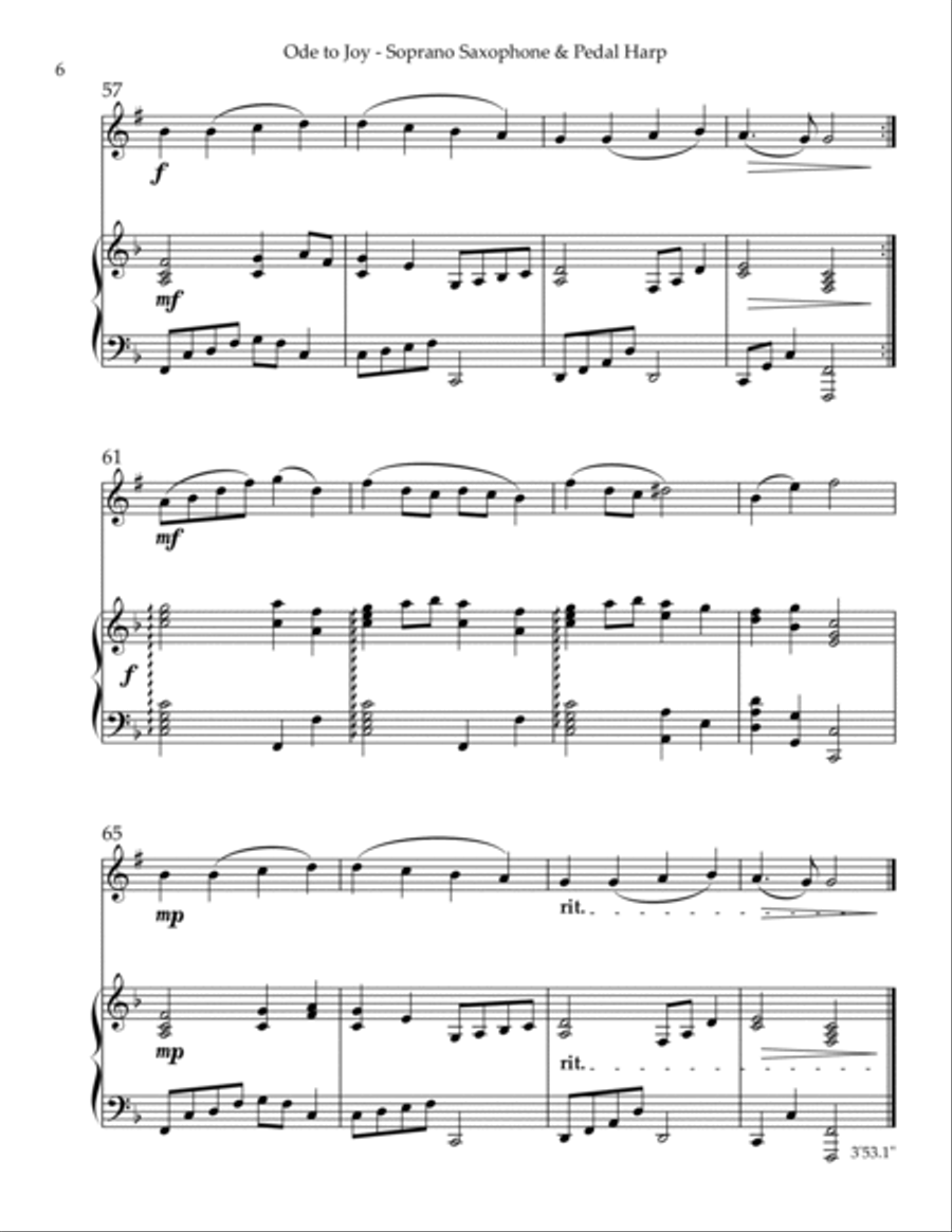 Ode to Joy, Duet for Bb Soprano Saxophone & Pedal Harp Soprano Saxophone scores gallery preview page 6