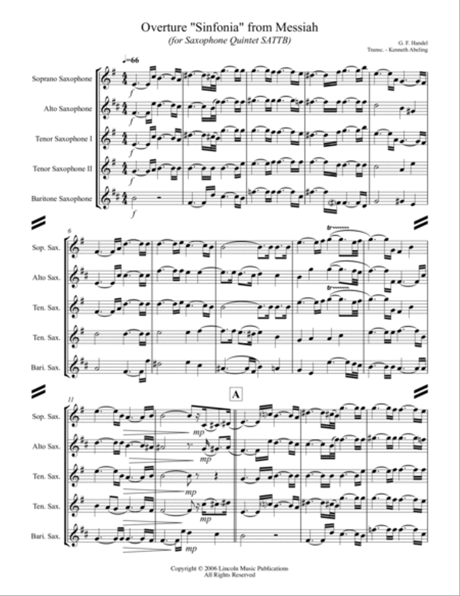 Handel - Overture - Sinfonia from Messiah (for Saxophone Quintet SATTB) Handel - Overture - Sinfonia from Messiah (for Saxophone Quintet SATTB) Saxophone Quintet scores gallery preview page 2