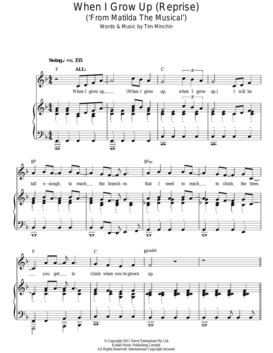 When I Grow Up (Reprise) (from Matilda The Musical) Piano, Vocal scores gallery preview page 1
