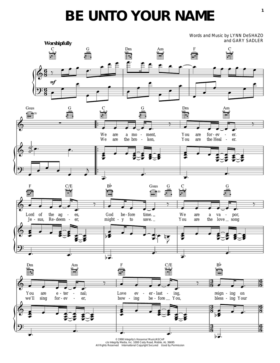 Be Unto Your Name Piano, Vocal, Guitar scores gallery preview page 1