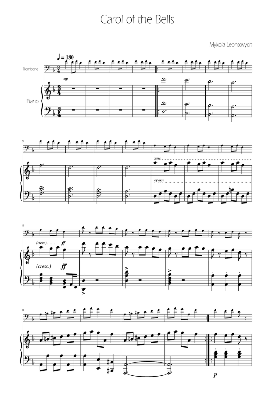 Carol of The Bells - Trombone Solo w/ Piano Piano scores gallery preview page 1